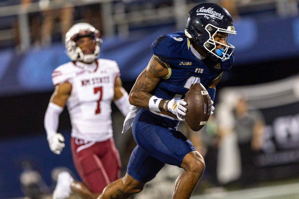 Florida International University Panthers wide receiver Eric Rivers (3) runs for a touch down after making the reception during the second half of an NCAA Conference USA football game against the New Mexico State Aggies at Pitbull Stadium on Tuesday, October 29, 2024, in Miami, Fla.