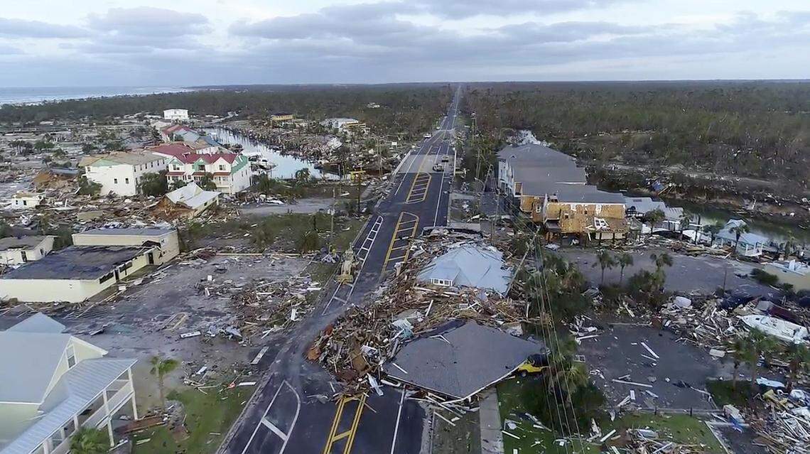 In this image made from video and provided by SevereStudios.com, damage from Hurricane Michael is seen in Mexico Beach, Florida, on Thursday, Oct. 11, 2018. Search-and-rescue teams fanned out across the Florida Panhandle to reach trapped people in Michael’s wake Thursday as daylight yielded scenes of rows upon rows of houses smashed to pieces by the powerful Category 4 hurricane.