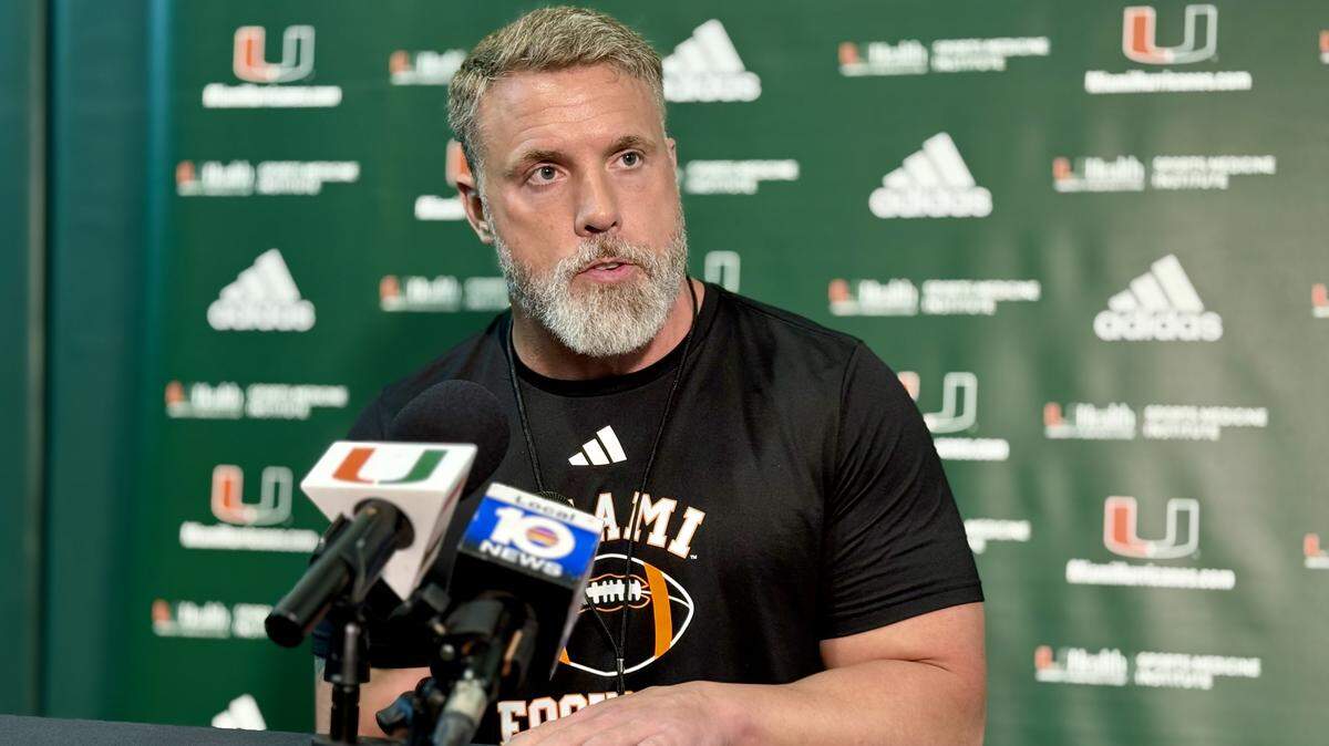 Miami Hurricanes tight ends coach Mike Viti speaks to reporters after practice on Thursday, April 2, 2026, inside the Carol Soffer Indoor Practice Facility on the University of Miami campus in Coral Gables, Florida.