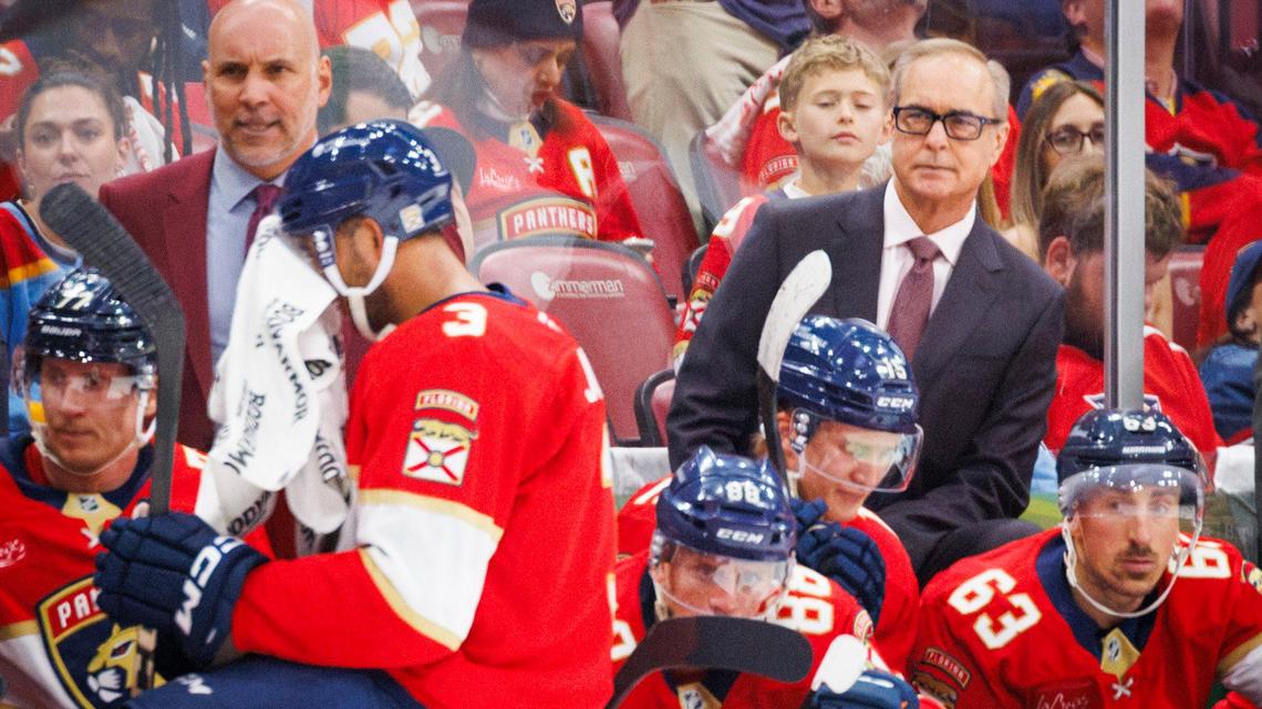 Florida Panthers Head Coach Paul Maurice watches the game during the second period of Game 3 of the first-round Stanley Cup playoff series against the Tampa Bay Lightning on Saturday, April 26, 2025, at Amerant Bank Arena in Sunrise, Fla.