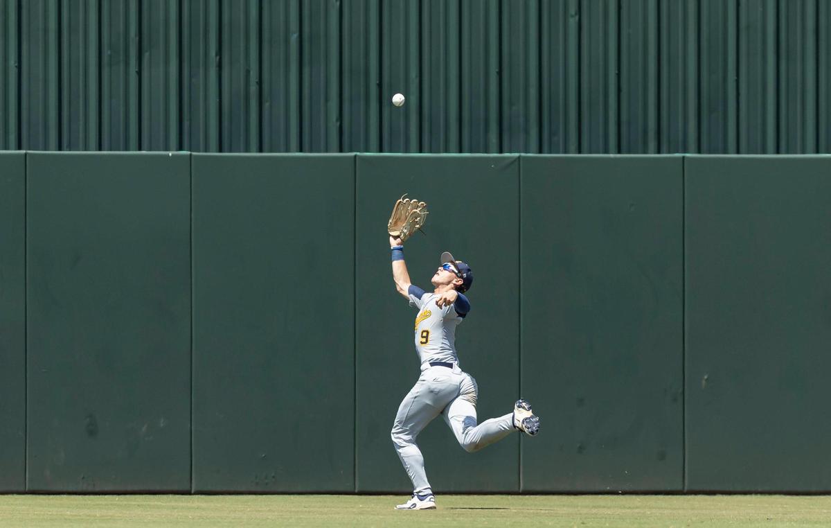 St. Thomas Aquinas Raiders center fielder Nico Sabatino (9) catches a fly ball against the Buchholz Bobcats in the second inning of their Class 6A state baseball championship game at Hammond Stadium on Saturday, May 17, 2025, in Fort Myers, Fla.