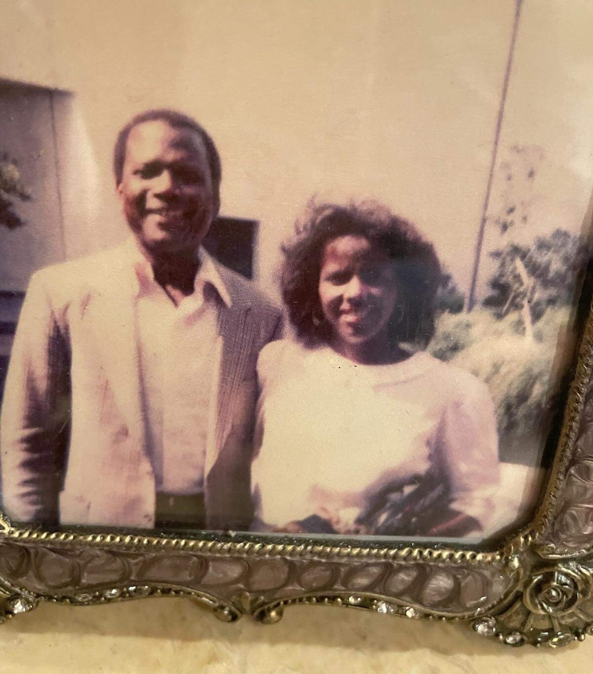 A family photo of actor Sidney Poitier and his niece Bernadette Poitier outside of the Omni Hotel in downtown Miami in 1986. Sidney Poitier was a guest speaker at a banquet for the American Association of Black Social Workers.