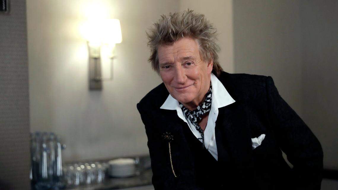In this photo taken on Thursday, Nov. 14, 2019, British singer Rod Stewart poses for the media after an interview with The Associated Press at a hotel in London.