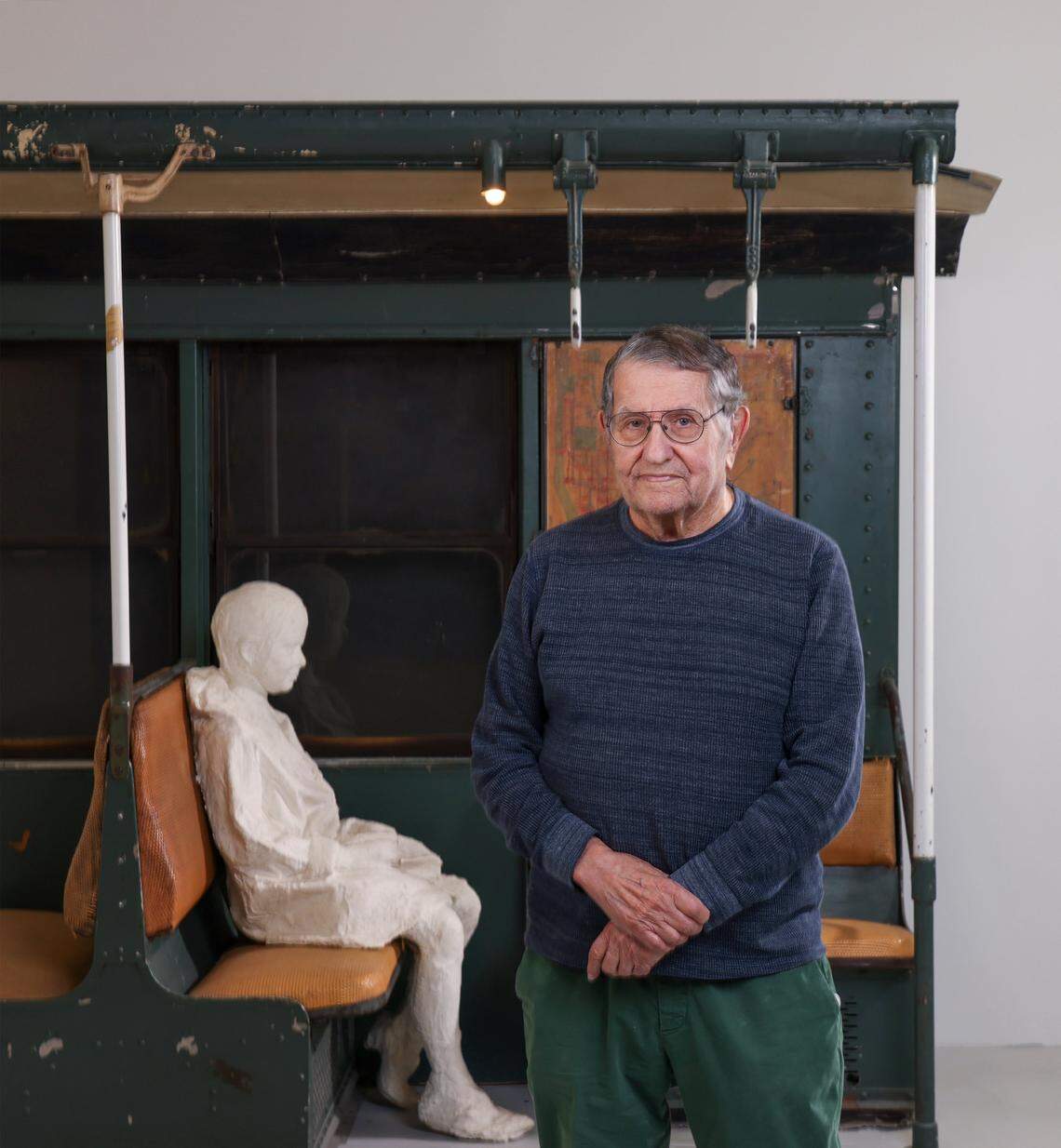 Art collector Martin Z. Margulies is photographed with George Segal's plaster, metal, and glass piece entitled "Subway," one of the many artworks in the Margulies Collection, on Thursday, November 13, 2025, in Miami, Florida.