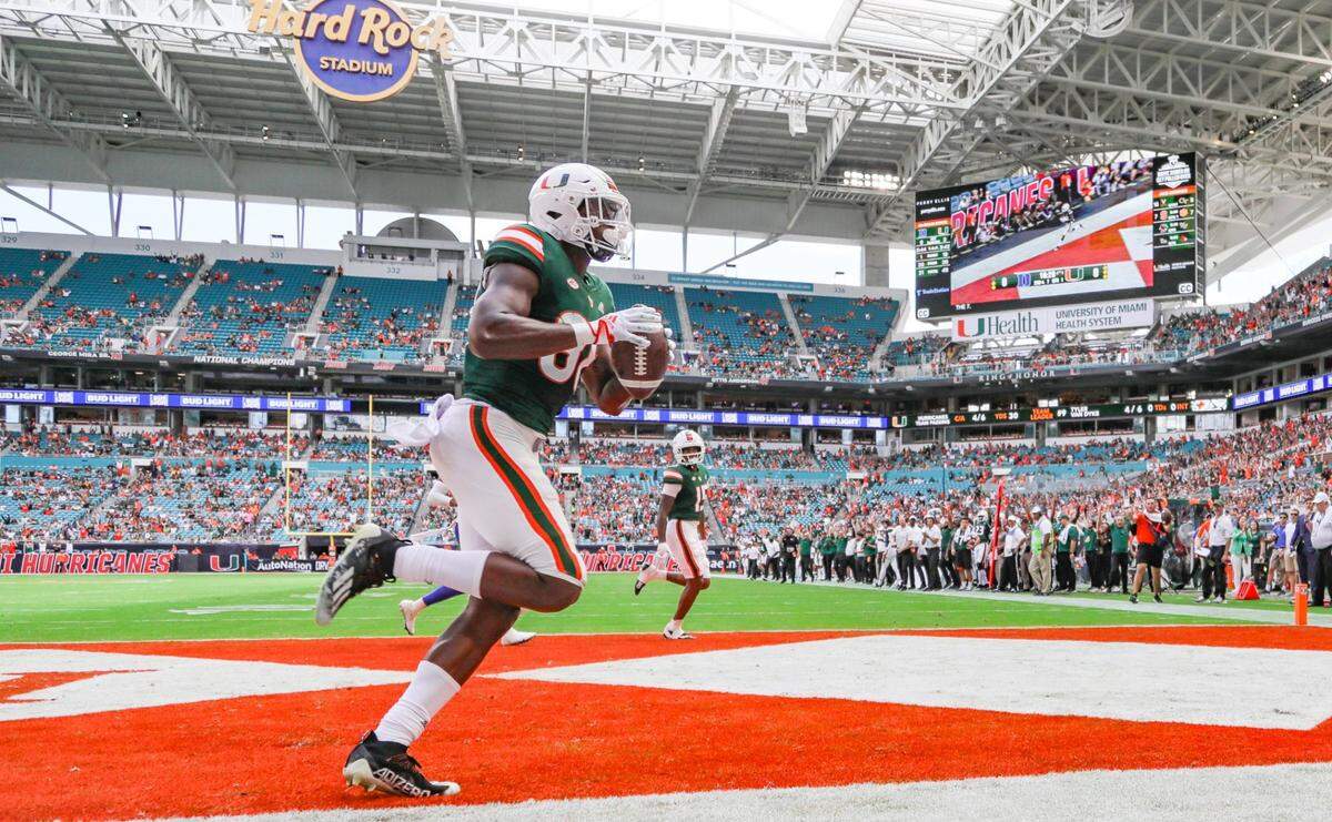 Miami Hurricanes wide receiver Colbie Young (88) scores in the first quarter against the Duke Blue Devils at Hard Rock Stadium in Miami Gardens on Saturday, October 22, 2022.