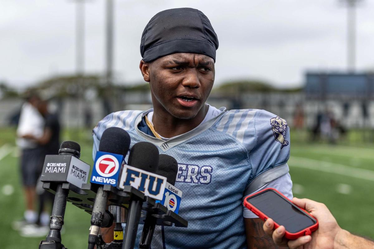 Florida International University quarterback Keyone Jenkins speaks to media after the first day of Spring Practice on campus at the practice fields on Tuesday, March 4, 2025, in Miami, Florida.
