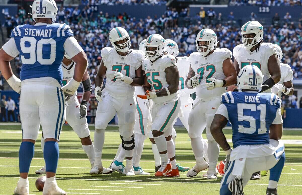 Miami Dolphins offensive line walks up to the line of scrimmage during the game against the Indianapolis Colts in the second half during an NFL game at Lucas Oil Stadium in Indianapolis on Sunday, September 7, 2025.