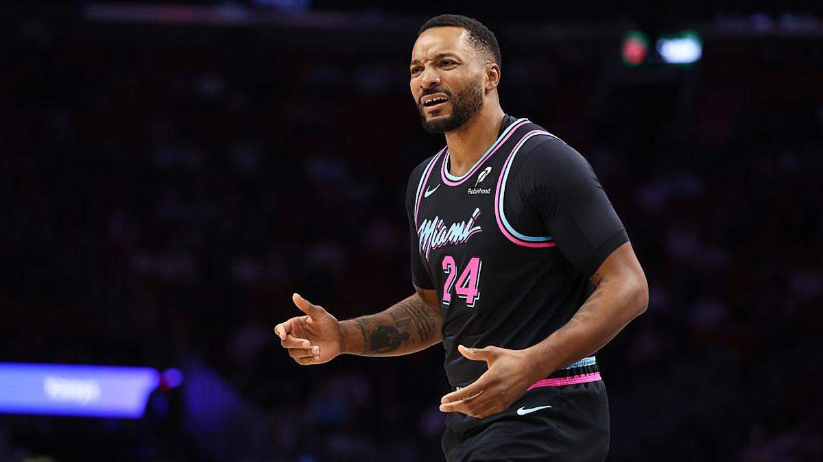 Norman Powell #24 of the Miami Heat reacts during the first quarter of the game against the Sacramento Kings at Kaseya Center on December 06, 2025 in Miami.