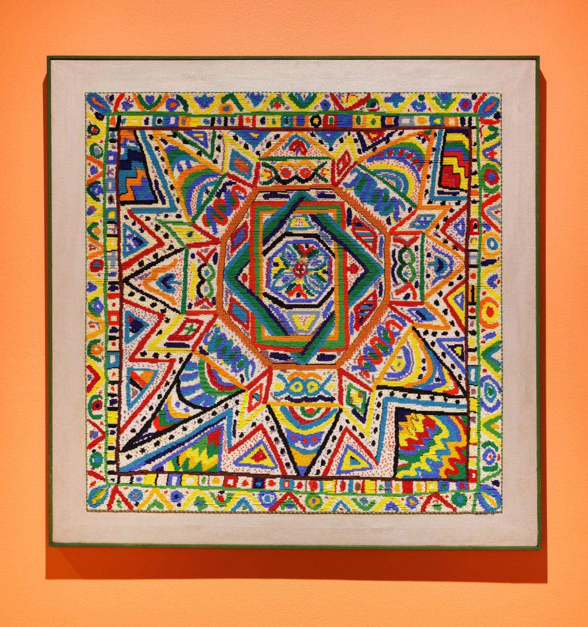 “Conimbriga Variations,” 1979, glass beads and thread on canvas, 43X43″.