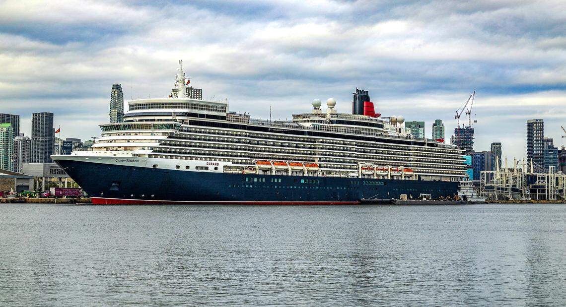 The Queen Elizabeth sits docked at PortMiami on Thursday, Oct. 16, 2025.