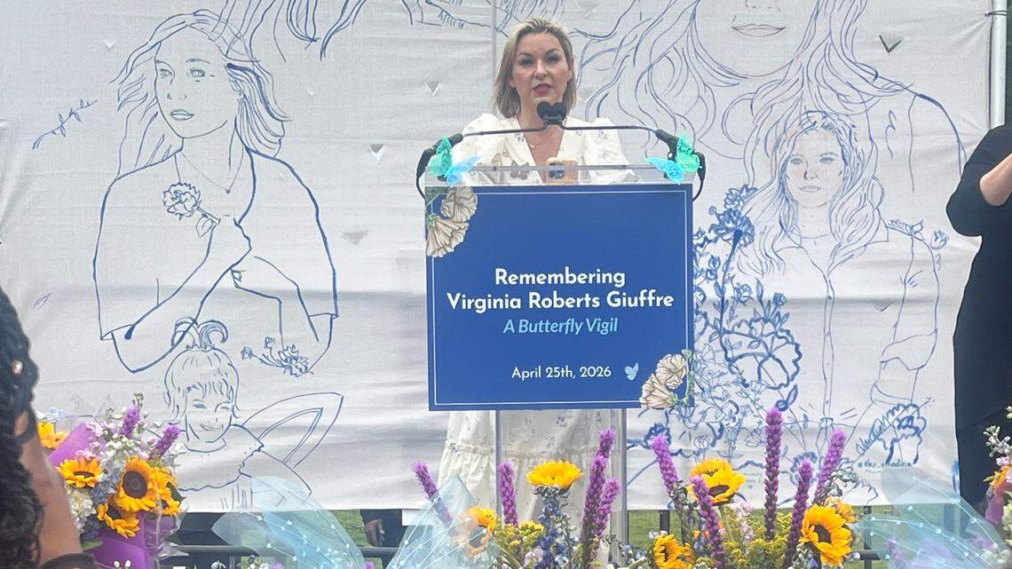 Danielle Bensky, a victim of Jeffrey Epstein, speaks at the service for Virginia Roberts Giuffre, held at the National Mall in Washington on Saturday, April 25, 2026. Giuffre, an Epstein victim and an advocate for sex trafficking victims, died by suicide on April 25, 2025. She was 41.