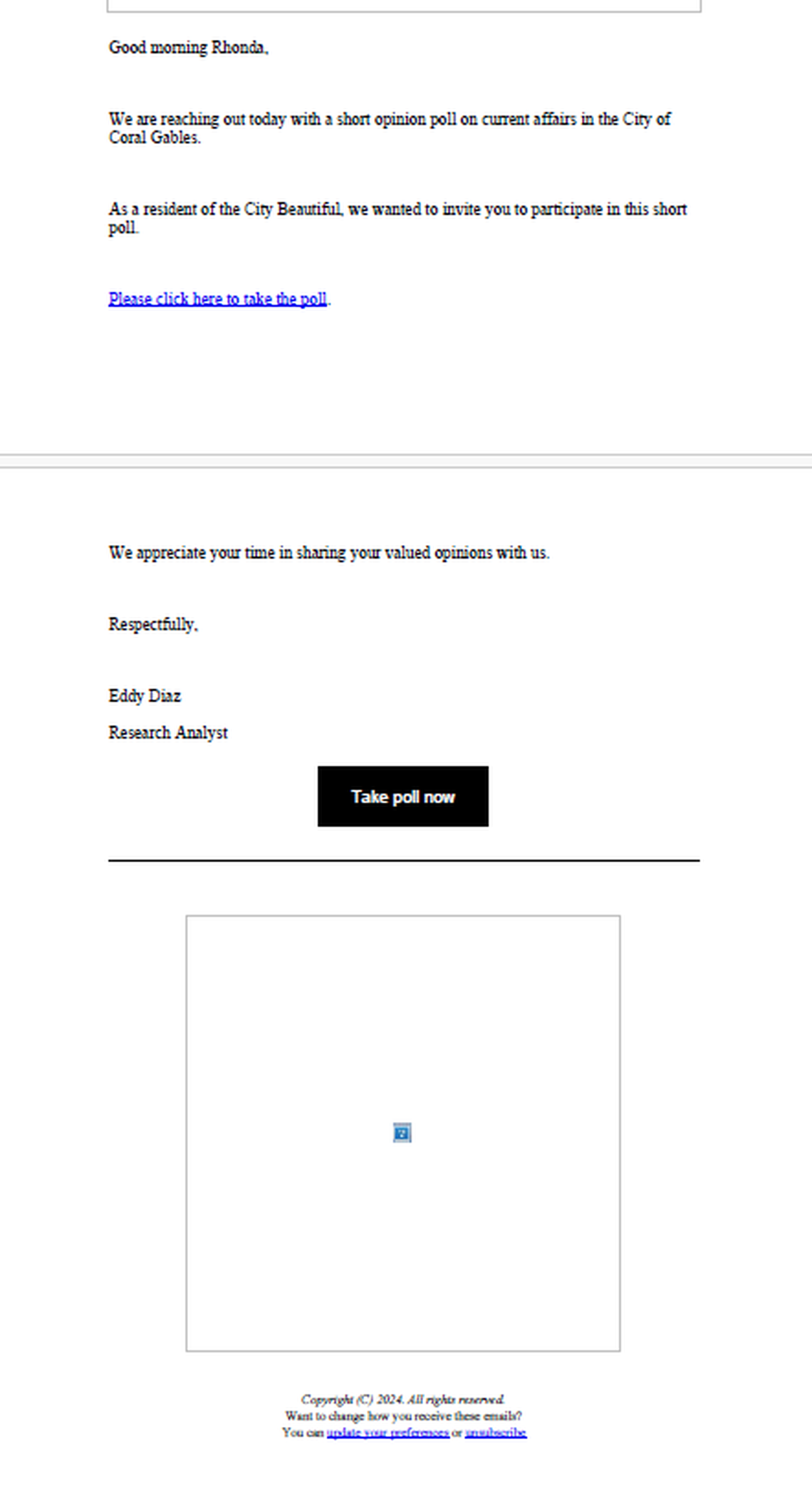 Coral Gables Vice Mayor Rhonda Anderson received a survey email Jan. 18, 2024, from someone named Eddy Diaz from People Count USA.
