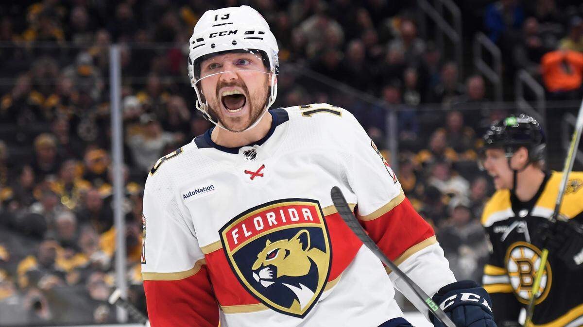 Apr 30, 2023; Boston, Massachusetts, USA; Florida Panthers center Sam Reinhart (13) reacts after scoring a goal during the second period in game seven of the first round of the 2023 Stanley Cup Playoffs against the Boston Bruins at TD Garden. Mandatory Credit: Bob DeChiara-USA TODAY Sports