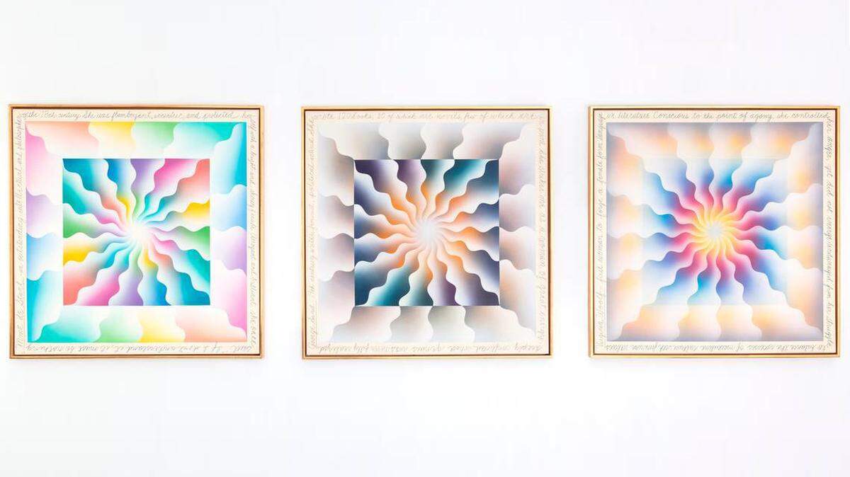 Installation view: Judy Chicago, “Reincarnation Triptych,” 1973, on display at ICA Miami through April 21, 2019. Left to right: Mme. De Stael, 1973; collection of Elizabeth A. Sackler. George Sand, 1973; collection of Nancy Stetson. Virginia Woolf, 1973; collection of Susan Rennie and Kirsten Grimstad.