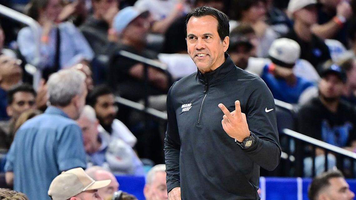 ORLANDO, FLORIDA - OCTOBER 22: Head coach Erik Spoelstra of the Miami Heat reacts in the first half of the game against the Orlando Magic at Kia Center on October 22, 2025 in Orlando, Florida. NOTE TO USER: User expressly acknowledges and agrees that, by downloading and or using this photograph, User is consenting to the terms and conditions of the Getty Images License Agreement. (Photo by Julio Aguilar/Getty Images)