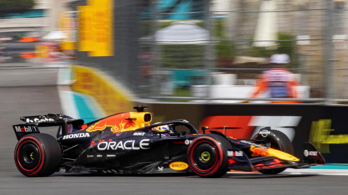 Red Bull Racing driver Max Verstappen of Netherlands takes a turn during a Race Qualifying session on the second day of the Formula One Miami Grand Prix at the Miami International Autodrome on Saturday, May 3, 2025, in Miami Gardens, Fla.