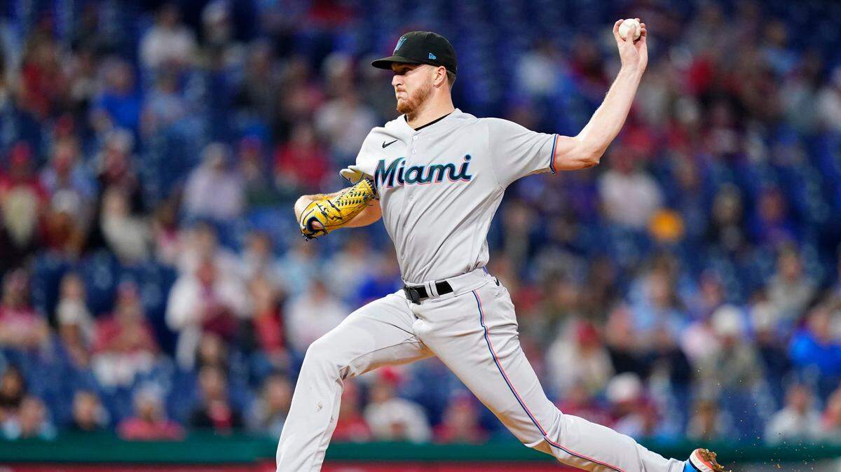 Miami Marlins’ Trevor Rogers pitches during the third inning of a baseball game against the Philadelphia Phillies, Wednesday, Sept. 7, 2022, in Philadelphia.