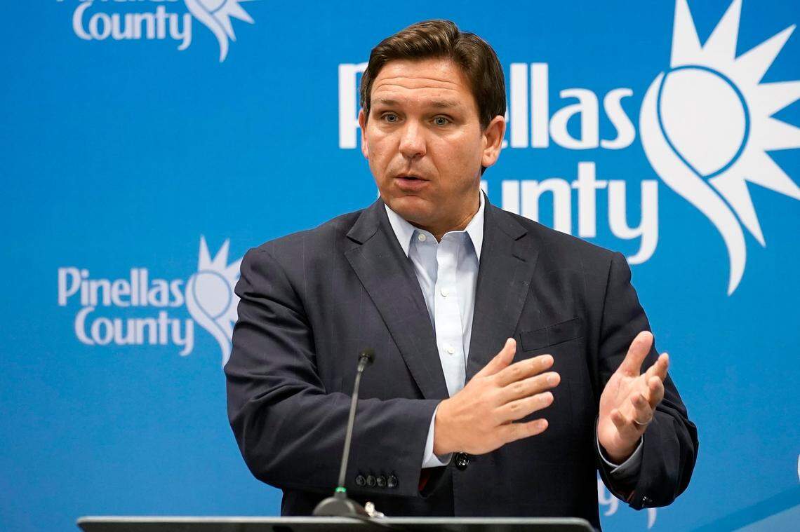 Florida Gov. Ron DeSantis speaks during a news conference at the Pinellas County Emergency Operations Center, Monday, Sept. 26, 2022, in Largo, Fla. DeSantis was updating residents of the path of Hurricane Ian.