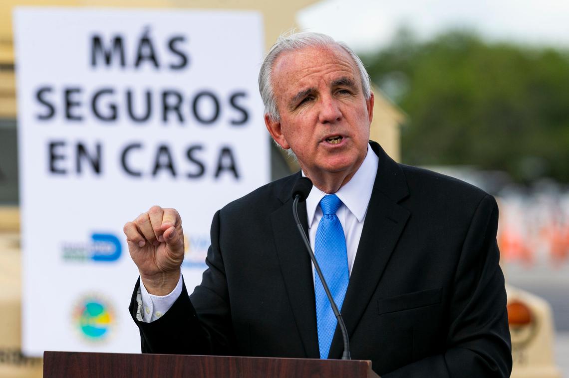 Miami-Dade County Mayor Carlos Gimenez, speaking at a COVID-19 testing center Monday near Hard Rock Stadium, is emphasizing “safer at home” rules by closing all condo and apartment building pools and gyms.