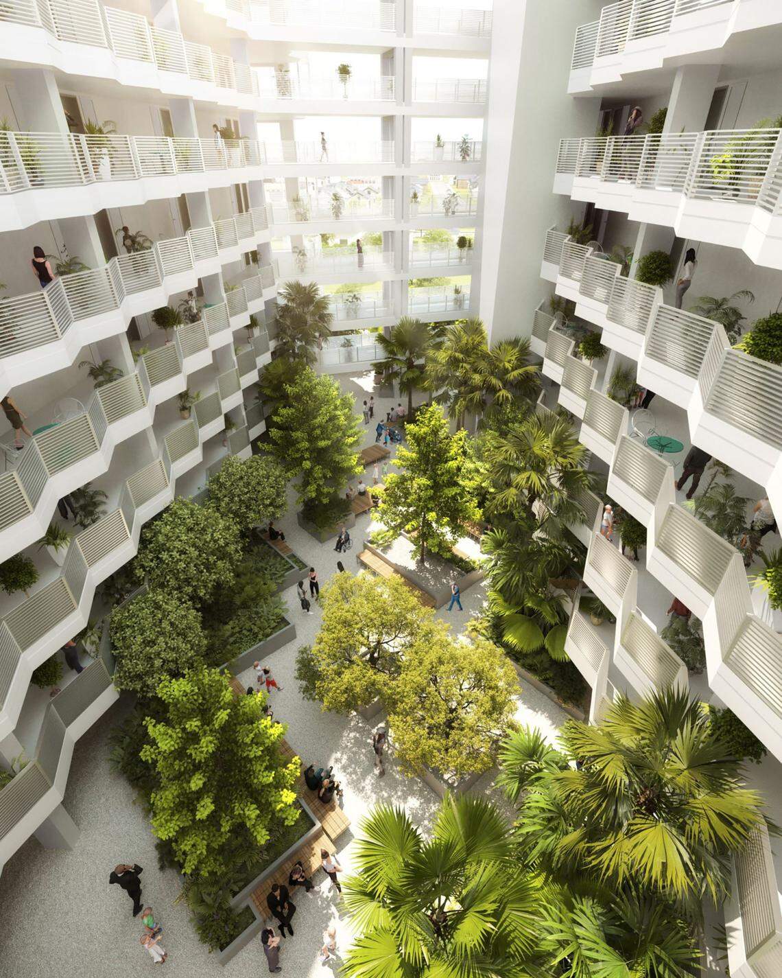 Little River Plaza, a planned 12-story low-income housing tower on Northeast 79th Street in Miami designed by Fort Lauderdale architect Margi Glavovic Nothard, features passive cooling from shady wraparound balconies and aluminum screens and balcony railings, a tree-shaded plaza at the center of the complex, and outdoor community gathering spaces on each floor.