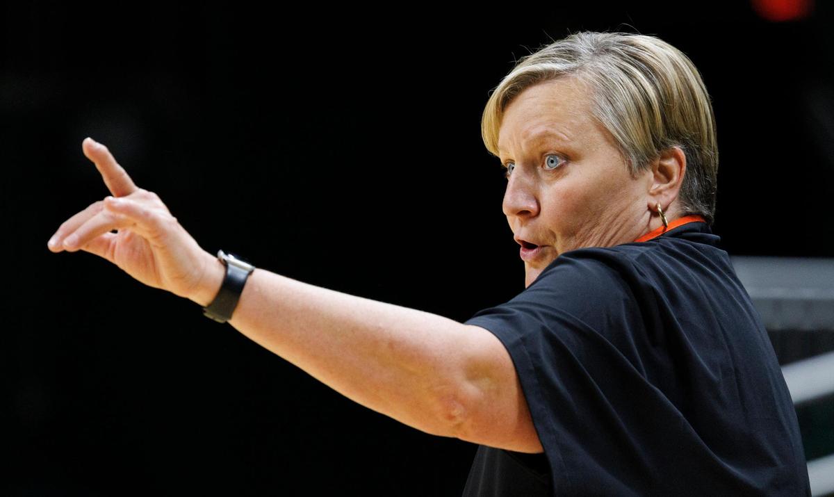 Head Coach Tricia Cullop talks to the team during practice following media day for women’s basketball on Monday, Oct. 21, 2024, at the University of Miami.