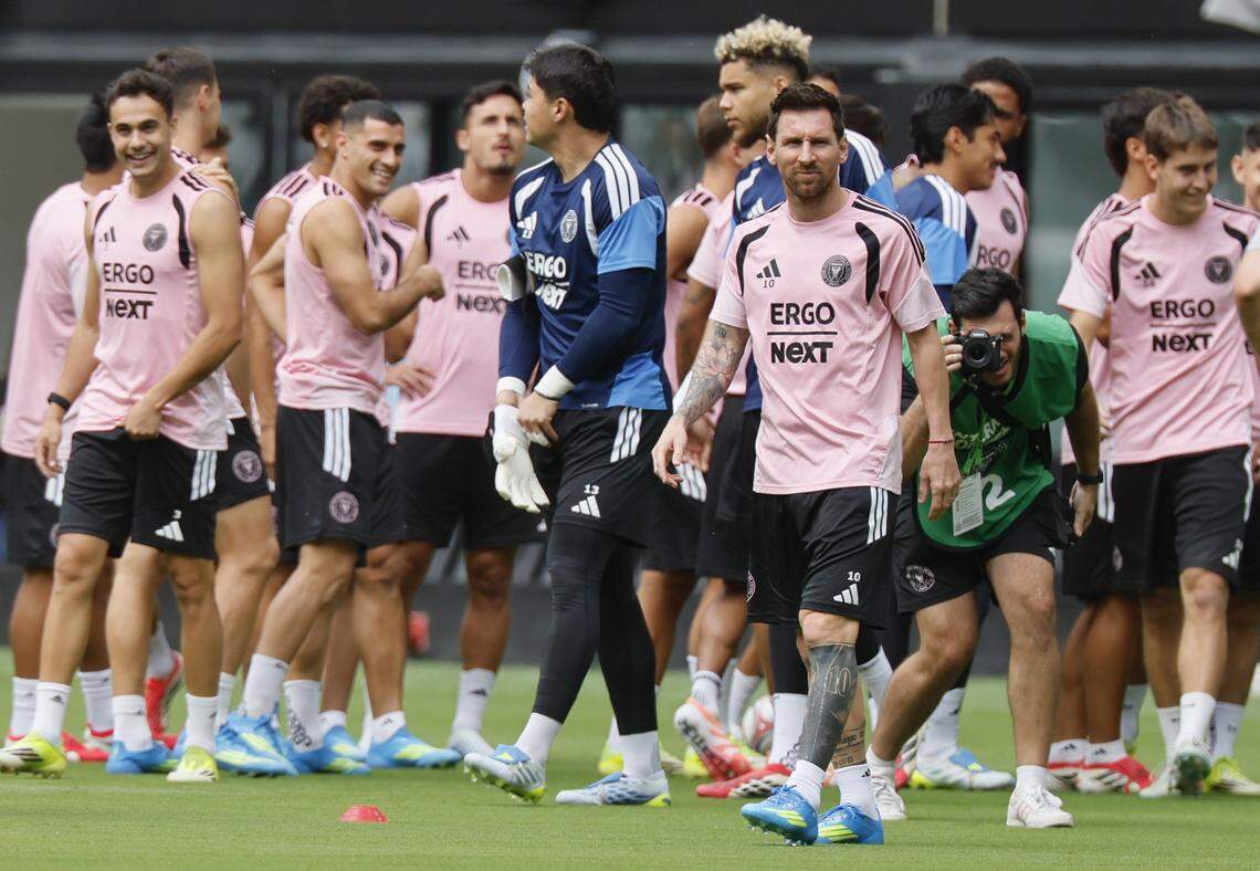 Inter Miami CF forward Lionel Messi (10), center, walks with the team at Nu Stadium at Miami Freedom Park on Thursday, April 2, 2026, in Miami.