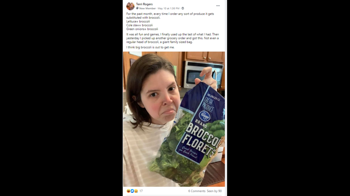 Terri Rogers of Atlanta, Georgia, says broccoli was substituted for every fresh produce order she made for a month.