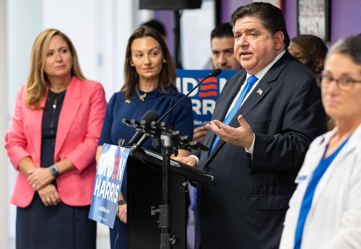 Illinois Governor J.B. Pritzker speaks during a press conference at the SEIU 1991 on Tuesday, Nov. 7, 2023, in Miami, Fla. The event was held ahead of Donald Trump’s trip to Hialeah and the third GOP Primary Debate on Wednesday.
