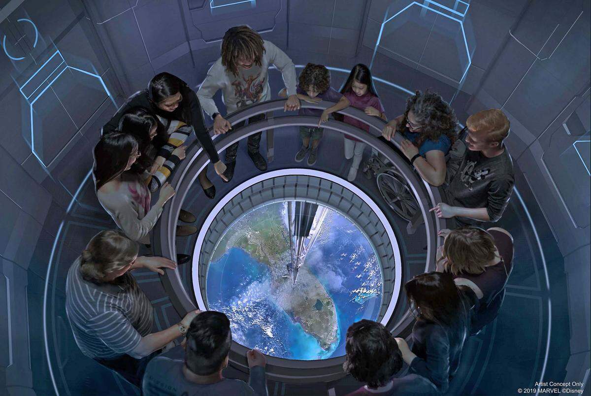 In this artist concept rendering, guests travel in a space elevator 220 miles above the Earth to dine at Space 220, the new restaurant supposed to be opening this winter in Epcot.