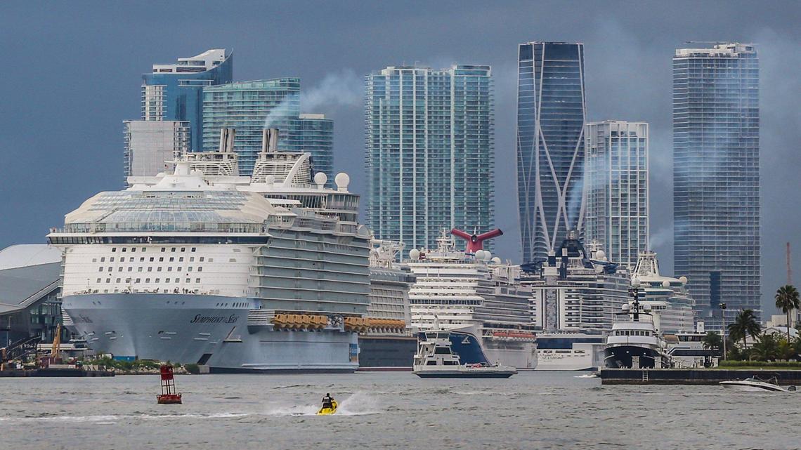Cruise ships line up before departure from PortMiami on Saturday, June 25, 2022.
