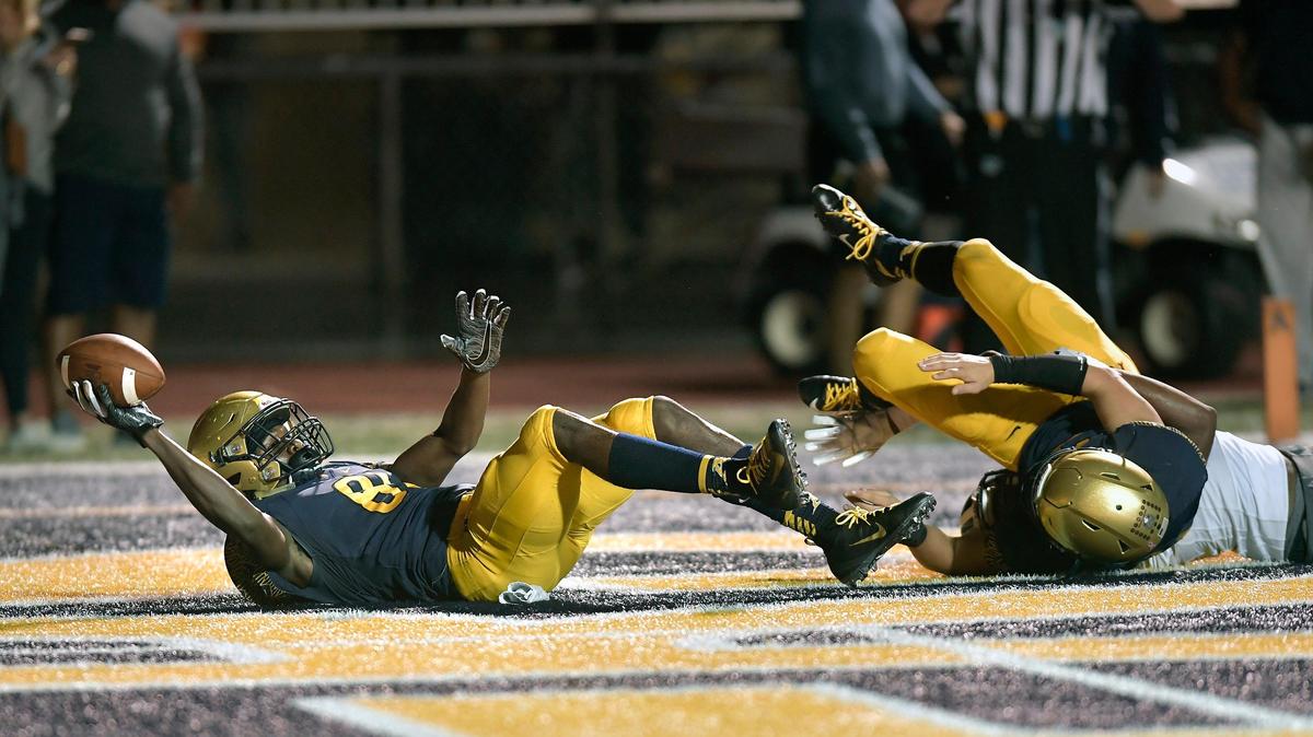 St. Thomas Aquinas receiver Marcus Rosemy catches a pass for a touchdown against Dwyer during the first half of their 7A regional final game, Friday, Nov. 23, 2018.