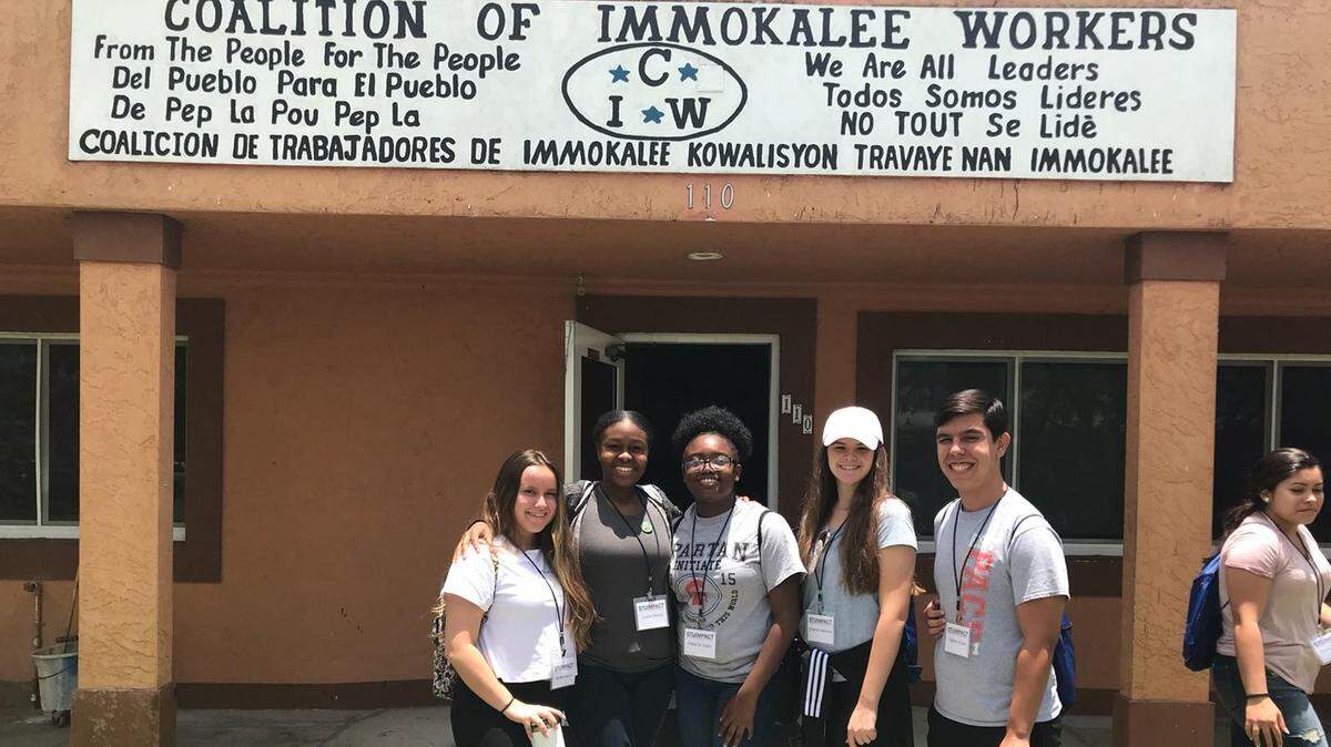 Monsignor Edward Pace High School students visited the Coalition of Immokalee Workers Community Center as part of St. Thomas University’s STU Impact Summer Immersion Program. From left, Lauren Aponte, Juselie Derice, Fabia St. Juste, Arianna Martinez and Nathan Bonet.