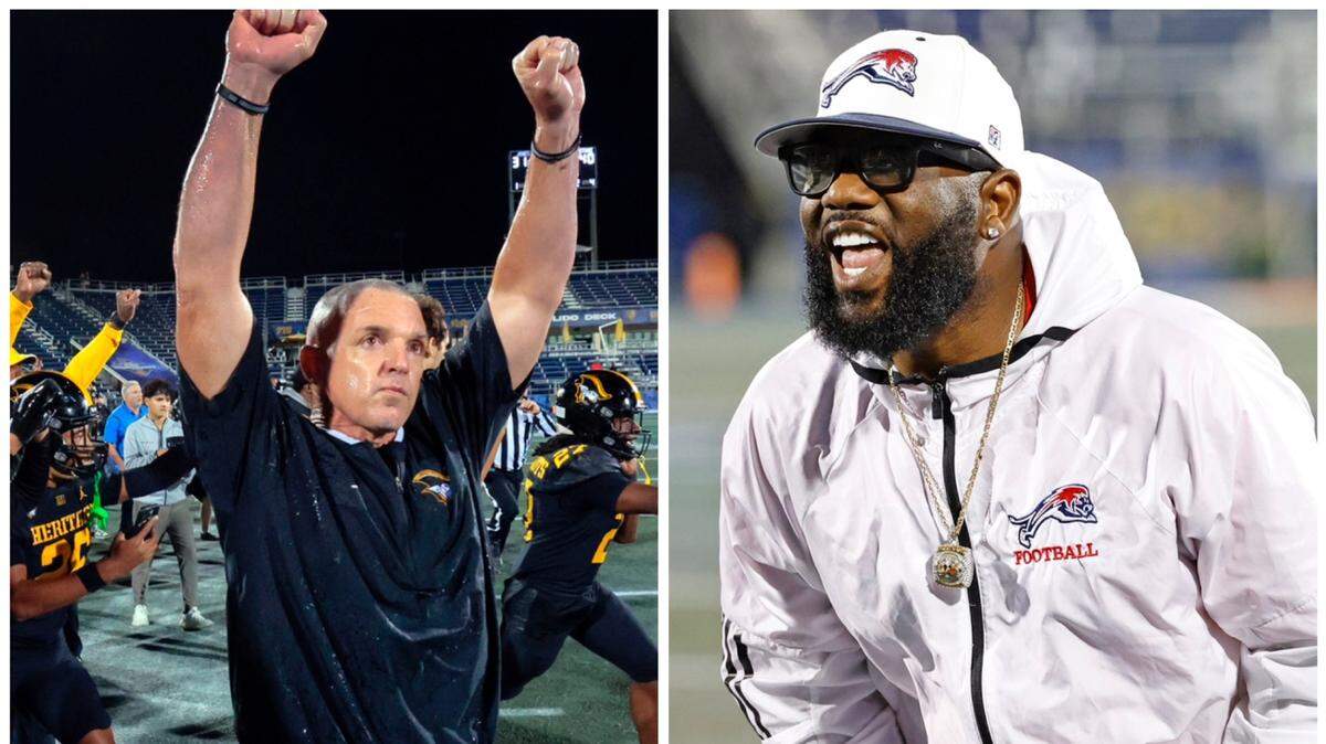 American Heritage’s Mike Smith (left) and Chaminade’s Dameon Jones (right) are the Broward 4A-1A Football Co-Coaches of the Year.