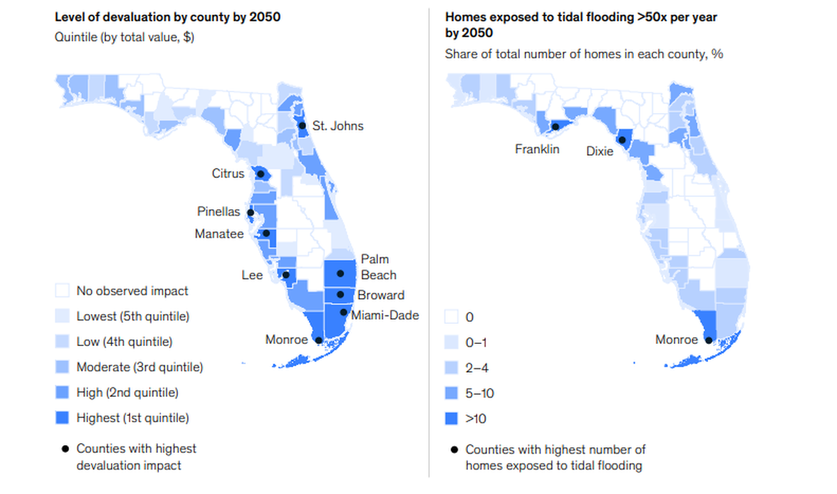 An analysis by First Street Foundation shows where Florida’s real estate market could lose the most value to climate-change-driven flooding