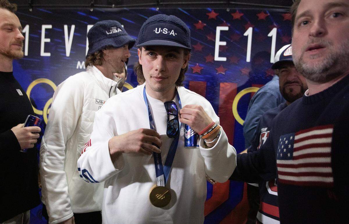 Jack Hughes of the United States men’s hockey team arrives with teammates at E11EVEN Miami during a gold medal celebration on Monday, Feb. 23, 2026, in Miami, after returning from Milan following their victory over Canada at the 2026 Winter Olympics in Milan-Cortina, Italy.
