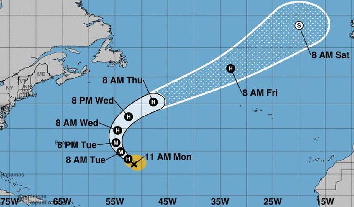 The conical projection of Hurricane Nigel’s path as of 11 a.m. Monday, Sept. 18, 2023.