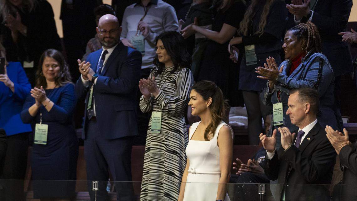 First Lady of Florida Casey DeSantis is applauded before her husband, Florida Governor Ron DeSantis delivers his State of the State address during the first day of the legislative session at the Florida State Capitol on Tuesday, Jan. 13, 2026, in Tallahassee, Fla.