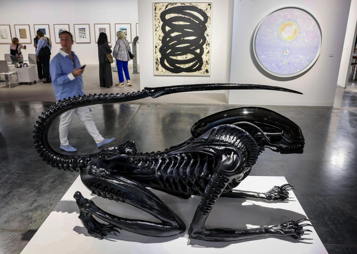 Necronom / Alien III’ by HR Giger is presented by MAI 36 Galerie is on display during Art Basel at the Miami Beach Convention Center on Wednesday, Dec. 4, 2024, in Miami Beach, Fla.
