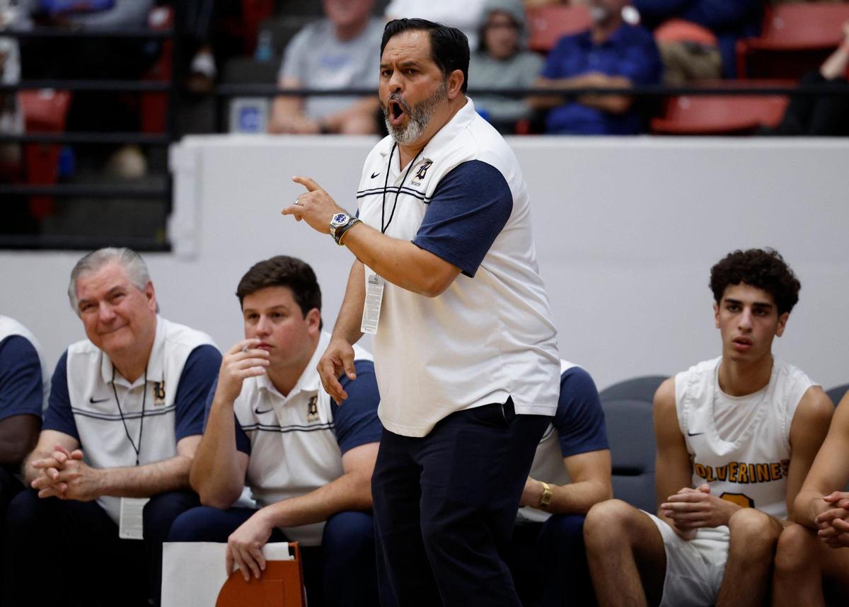 Belen coach Gaston “Chachi” Rodriguez shouts instructions to his players during the Wolverines’ 59-58 win over Jones High in the FHSAA 5A State Semifinals at the RP Funding Center in Lakeland, Florida on Thursday, March 2, 2023.