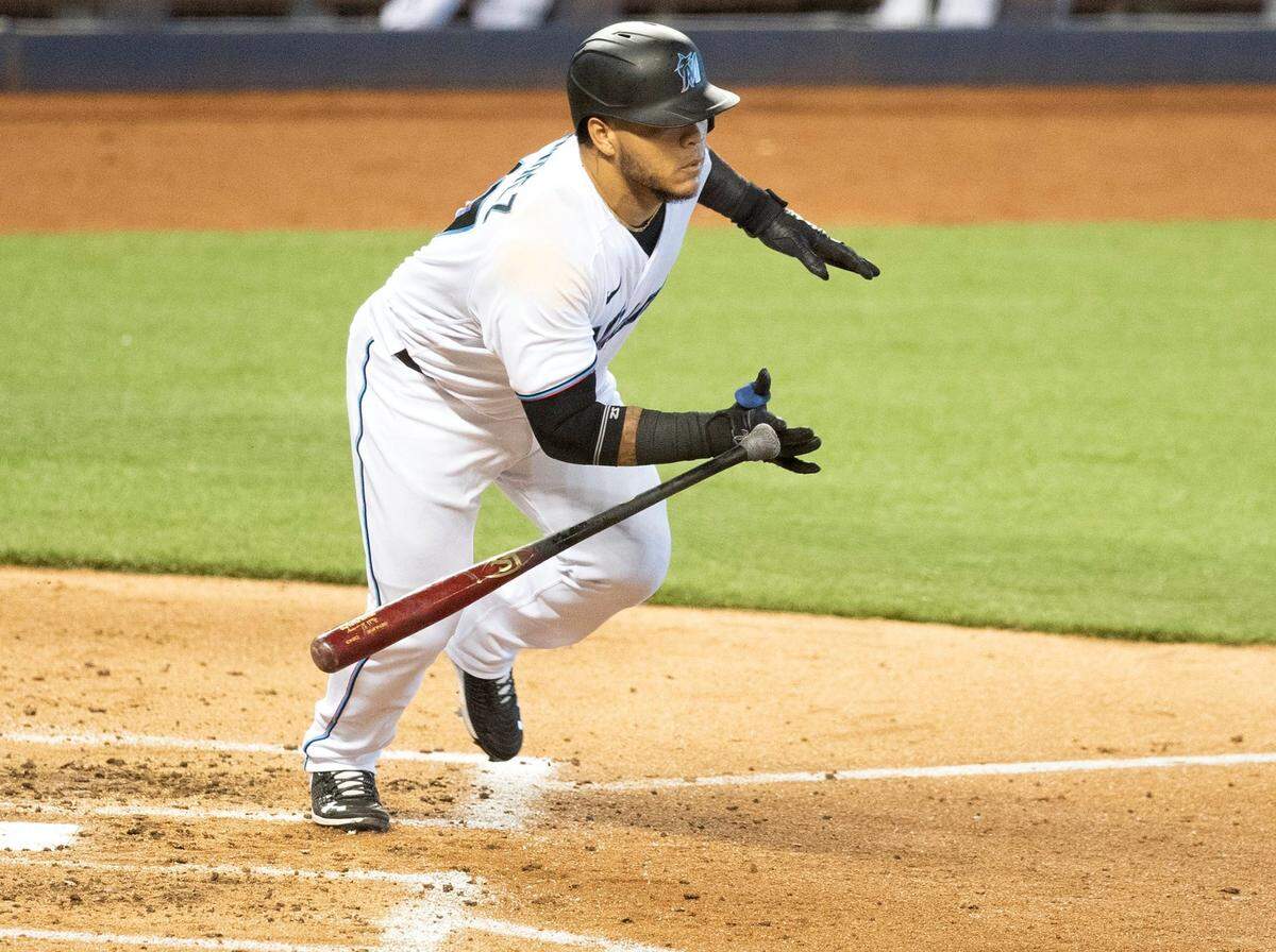 Harold Ramirez (47) singles in the fourth inning during Miami Marlins simulated practice game at Marlins Park on Thursday, July 16, 2020.