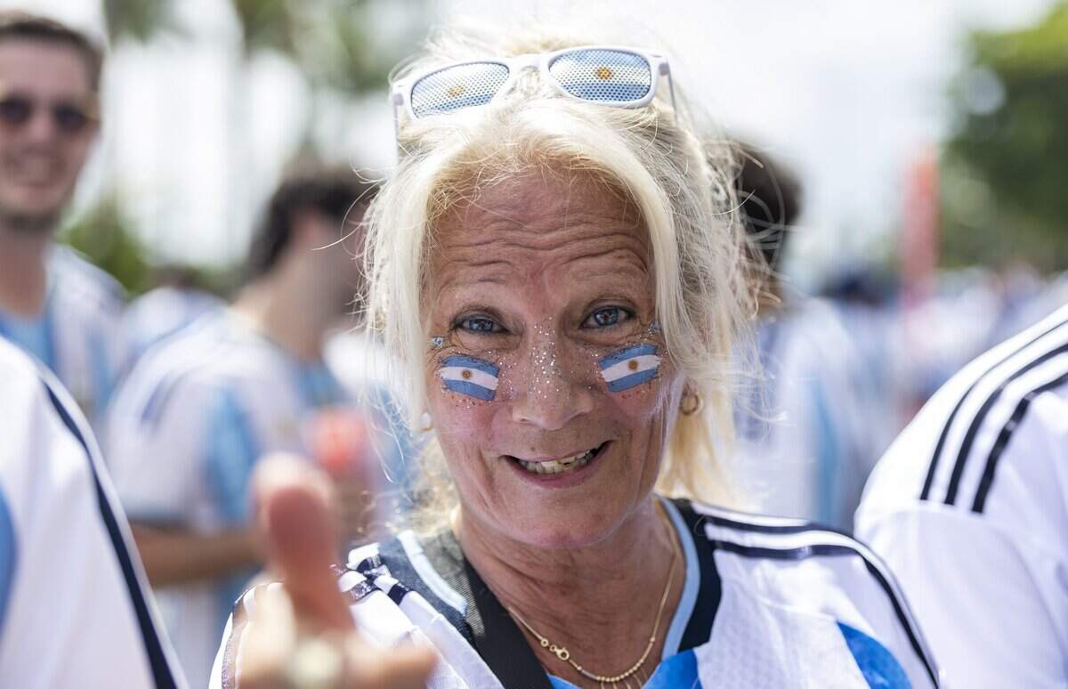 Argentina fan Naomi Urban reacts as she arrives to the Hard Rock Stadium (Miami Stadium) for the FIFA World Cup 2026 Round of 32 soccer match against Cape Verde on Friday, July 3, 2026, in Miami Gardens, Fla.
