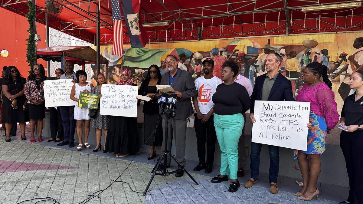 South Florida community activists and organizations gathered at Little Haiti Cultural Complex on Tuesday, Dec. 2, 2025, to denounce the Trump administration terminating TPS for hundreds of thousands of Haitians living in the U.S.