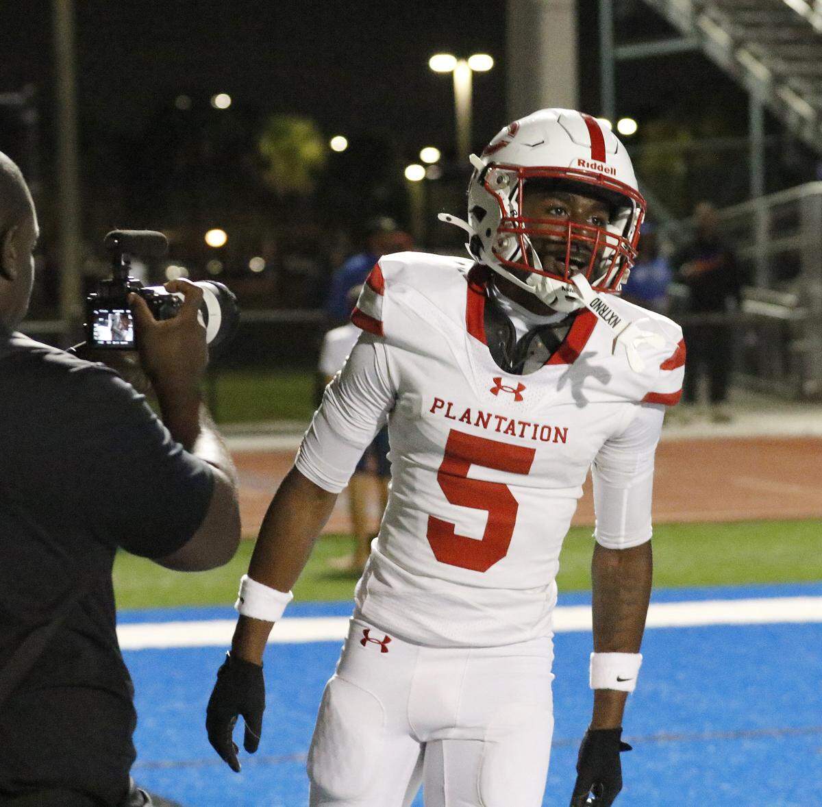 Plantation Colonels wide receiver Desmond Christian (5) during Region 4-4A quarterfinal football game against Dillard Panthers on Friday, November 14, 2025 at Otis Gray Jr. Memorial Stadium in Fort Lauderdale. Andrew Uloza / for Miami Herald