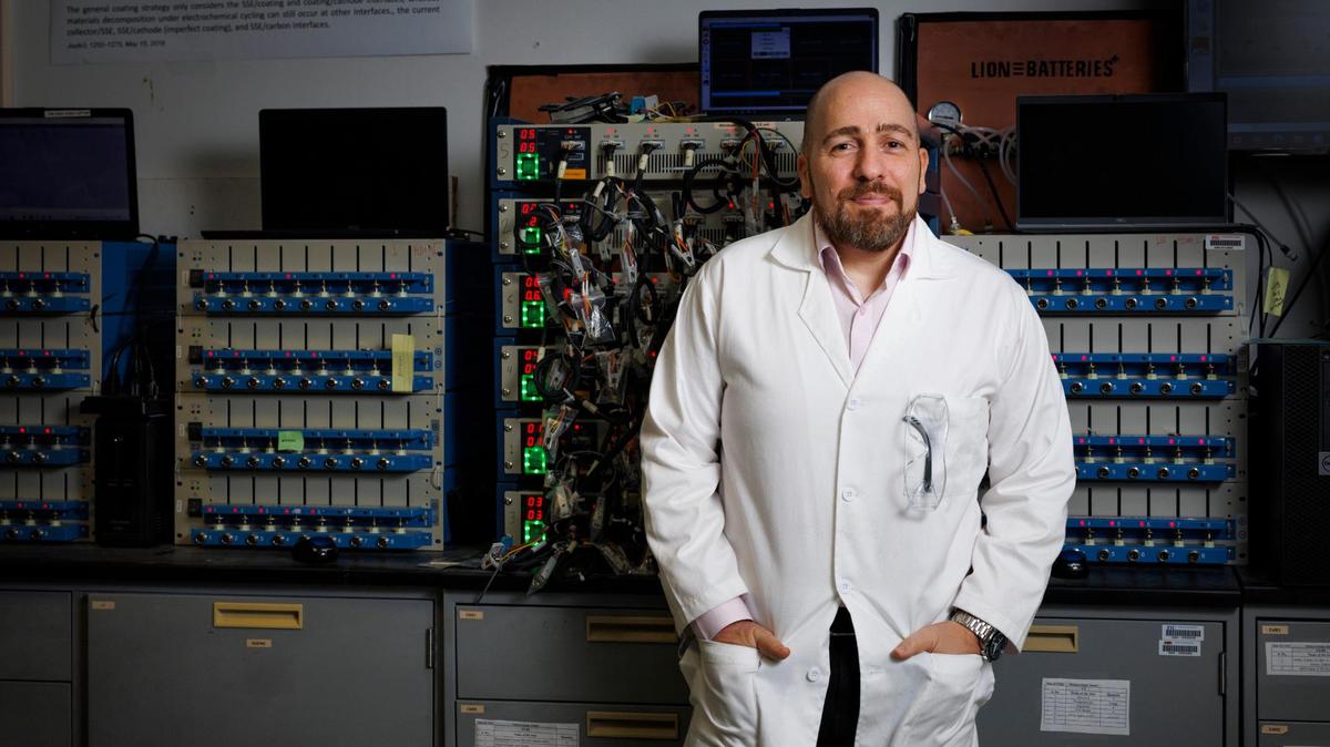 Dr. Bilal El-Zahab poses during a tour of the Battery Research Laboratory on Thursday, March 20, 2025, at the FIU Engineering Center in Miami, Fla. Dr. El-Zahab’s laboratory has created a Lithium-sulfur battery that could replace Lithium-ion rechargeable batteries.