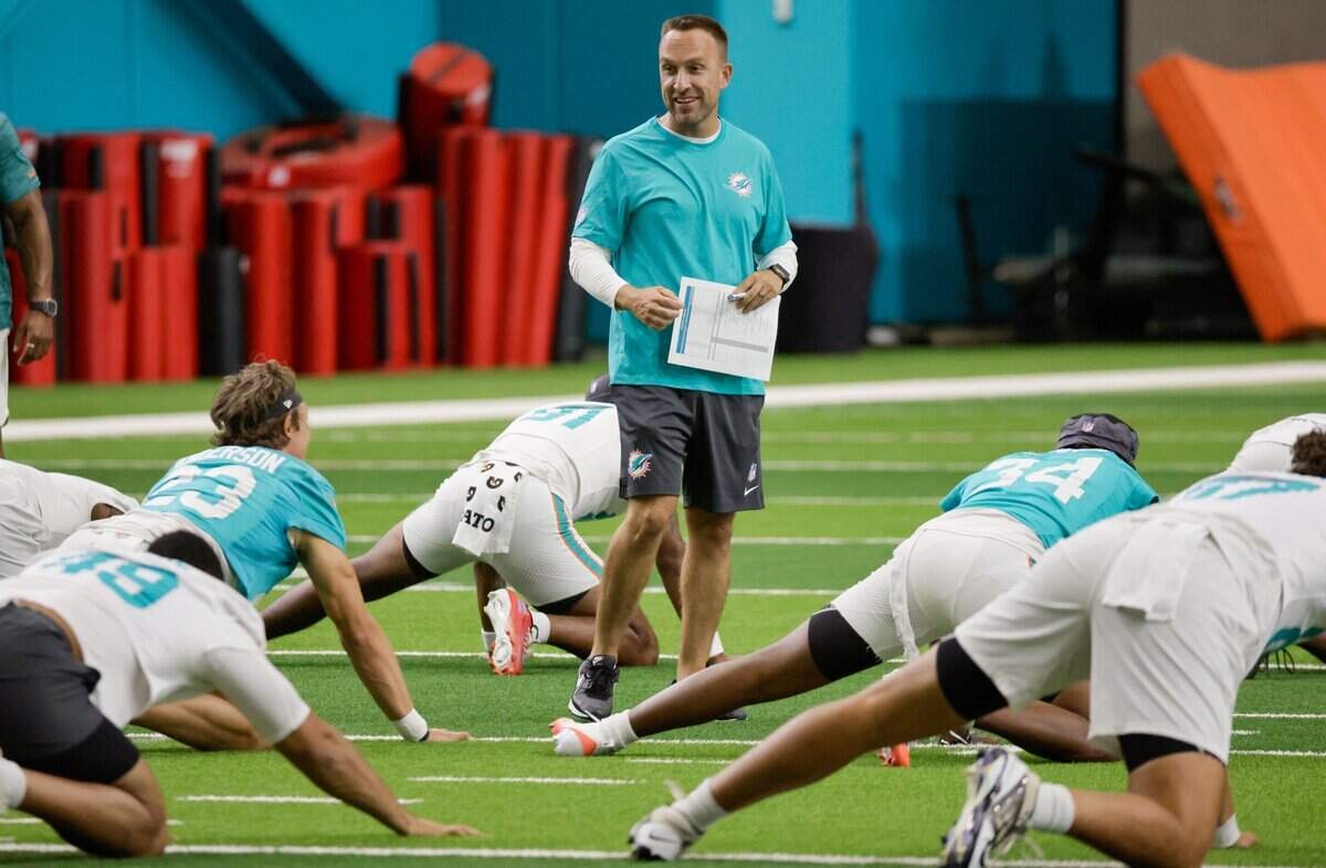 Miami Dolphins head coach Jeff Hafley on the field during practice at the Miami Dolphins Training Camp in Miami Gardens, Florida, on Thursday, July 30, 2026.