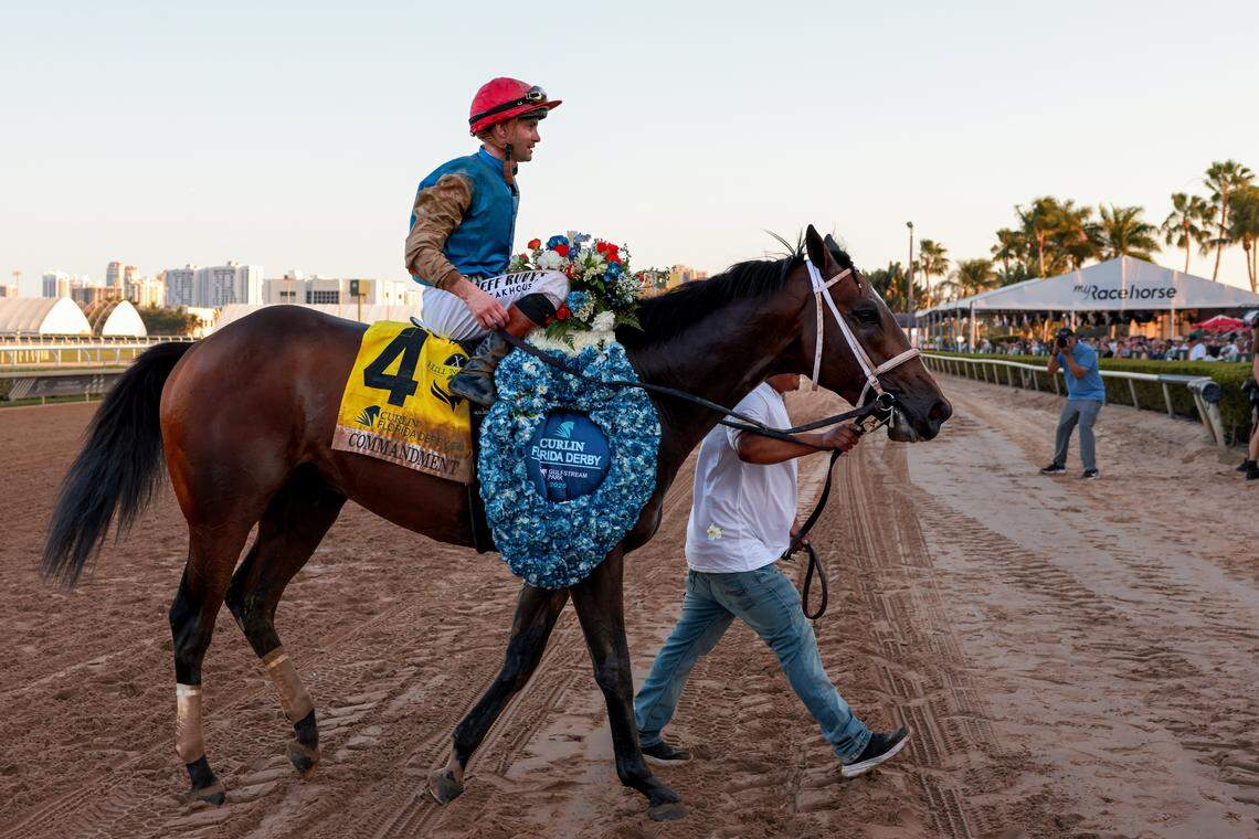 Commandment (4) ridden by jockey Flavien Prat wins the 75th Curlin Florida Derby race at Gulfstream Park on March 28, 2026, in Hallandale, Florida.