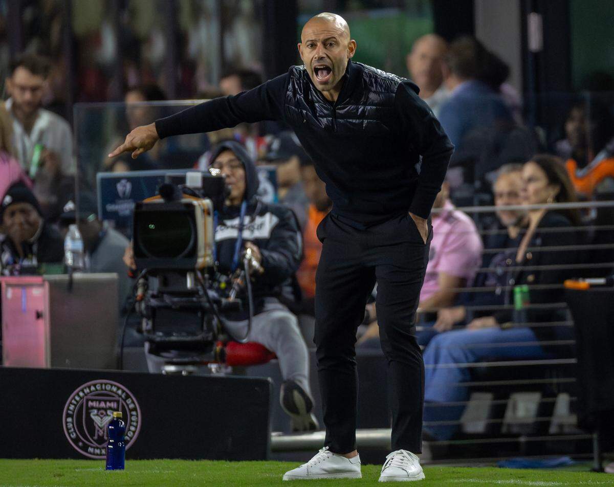 Inter Miami head coach Javier Mascherano reacts as his team plays against Cavalier FC in the second half of their Concacaf Champions Cup match at Chase Stadium on Thursday, March 6, 2025, in Fort Lauderdale, Fla.