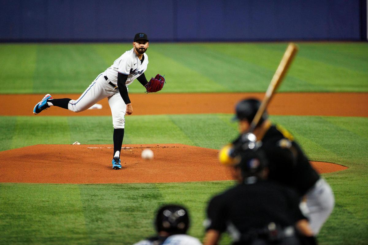 Miami Marlins starting pitcher Pablo Lopez (49) pitches to Pittsburgh Pirates designated hitter Daniel Vogelbach (19) during the first inning of a baseball game at LoanDepot Park on Wednesday, July 13, 2022 in Miami, Florida.