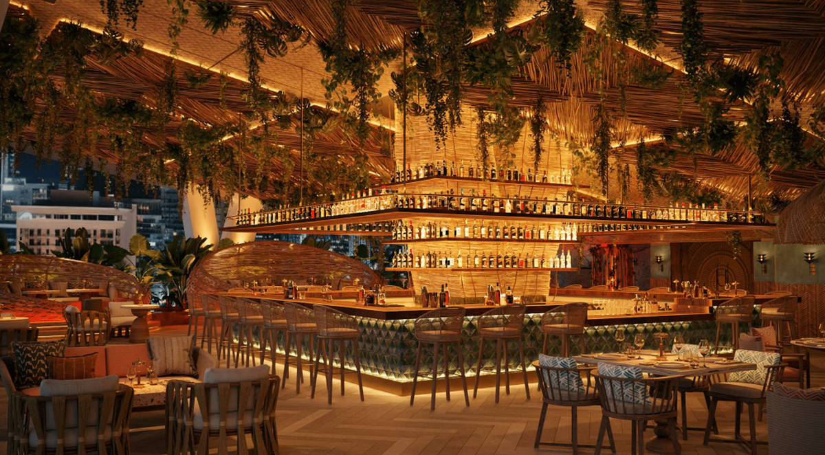 A rendering of the bar area at Villa One Tequila Gardens at Miami Worldcenter.