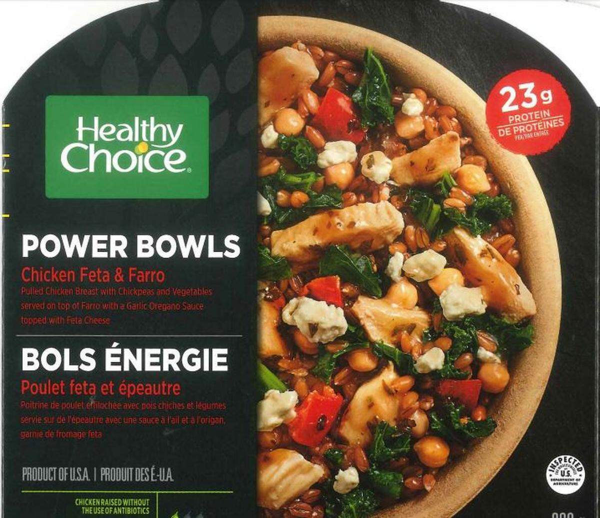 Healthy Choice Chicken Feta & Farro Bowl as packaged in Canada